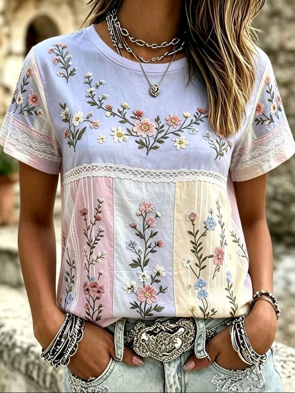 SALE ** BRAND NEW ** Floral Patchwork Short Sleeve Top - Pastel Multicolor